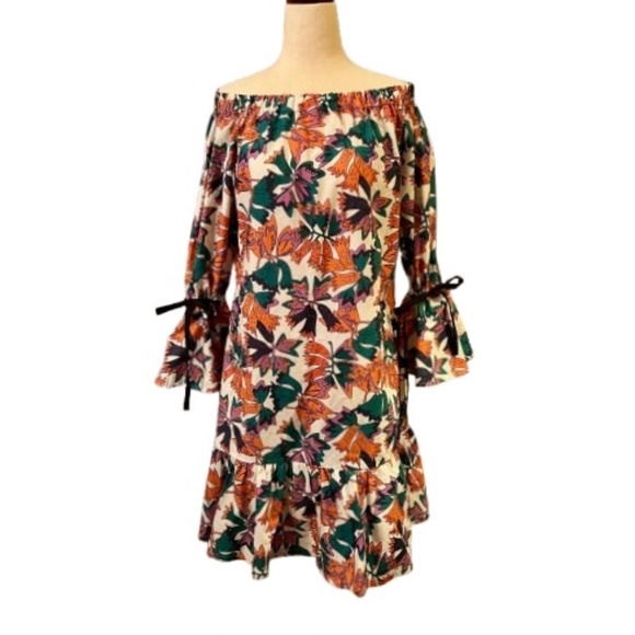 Lis Lareida Floral Print Off Shoulder Bell Sleeve Flounce Hem Tori Dress 38 or M - Picture 1 of 6